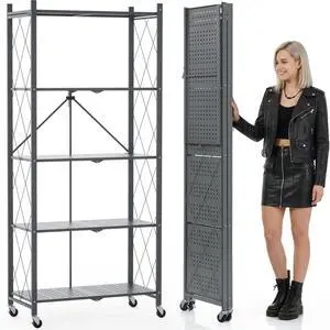70.7" Tall Extra Large 5-Tier Folding Storage Shelf with Wheels, No Assembly Collapsible Metal Rack with Leveling Feet for Garage, Pantry, Basement, Vendor Display, Kitchen(Gray,1 Pack) 70.7" Tall Extra Large 5-Tier Folding Storage Shelf with Wheels, No Assembly Collapsible Metal Rack with Leveling Feet for Garage, Pantry, Basement, Vendor Display, Kitchen(Gray,1 Pack)