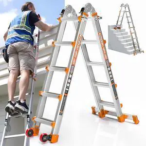 17FT A Frame Extension Ladder, Aluminum Alloy 5-Step Ladder with Stabilizer Bar & Rolling Wheels, 330 LBS Heavy Duty, Multi-Use Ladder for Stairs Home Roof Indoor Outdoor Projects (Orange) 17FT A Frame Extension Ladder, Aluminum Alloy 5-Step Ladder with Stabilizer Bar & Rolling Wheels, 330 LBS Heavy Duty, Multi-Use Ladder for Stairs Home Roof Indoor Outdoor Projects (Orange)