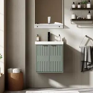 20" Floating Bathroom Vanity Sink Combo, Modern Wall Mounted Bathroom Cabinet with Resin Sink Top, Soft-Close Painted Door, Metal Handles, Matte Black Faucet for Small Space, Gray Green 20" Floating Bathroom Vanity Sink Combo, Modern Wall Mounted Bathroom Cabinet with Resin Sink Top, Soft-Close Painted Door, Metal Handles, Matte Black Faucet for Small Space, Gray Green