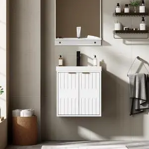 20" Floating Bathroom Vanity Sink Combo, Modern Wall Mounted Bathroom Cabinet with Resin Sink Top, Soft-Close Painted Door, Metal Handles, Matte Black Faucet for Small Space, White 20" Floating Bathroom Vanity Sink Combo, Modern Wall Mounted Bathroom Cabinet with Resin Sink Top, Soft-Close Painted Door, Metal Handles, Matte Black Faucet for Small Space, White