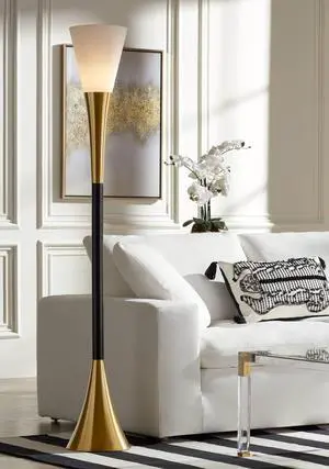 Piazza Mid Century Modern Glam Style Torchiere Floor Lamp 72.5" Tall Black Antique Brass Metal White Glass Shade for Living Room Reading House Bedroom Home Office Piazza Mid Century Modern Glam Style Torchiere Floor Lamp 72.5" Tall Black Antique Brass Metal White Glass Shade for Living Room Reading House Bedroom Home Office