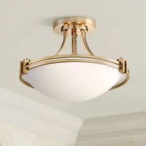 Deco Mid Century Modern Close to Ceiling Light Semi Flush Mount Fixture 16" Wide Warm Brass Gold White Glass Bowl Shade Bedroom Hallway Living Room Dining Room Bathroom Kitchen Deco Mid Century Modern Close to Ceiling Light Semi Flush Mount Fixture 16" Wide Warm Brass Gold White Glass Bowl Shade Bedroom Hallway Living Room Dining Room Bathroom Kitchen