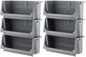 6 Pack Open Front Storage Bins, Jumbo Heavy Duty Stackable Garage Storage Bins with Handles, Interlocking Design, Dark Gray 6 Pack Open Front Storage Bins, Jumbo Heavy Duty Stackable Garage Storage Bins with Handles, Interlocking Design, Dark Gray