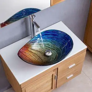 Tempered Glass Vessel Sink,Multicolor Teardrop-Shaped Bathroom Vanity Wash Sink Above Counter Tempered Glass Vessel Sink,Multicolor Teardrop-Shaped Bathroom Vanity Wash Sink Above Counter
