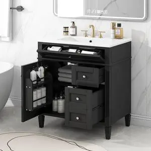 Modern 30" Bathroom Vanity with Sink, Bathroom Storage Cabinet with 2 Drawers, 1 Tip-Out Drawer and 1 Door, Freestanding Bathroom Vanities, Soft Closing, Solid Wood Frame Modern 30" Bathroom Vanity with Sink, Bathroom Storage Cabinet with 2 Drawers, 1 Tip-Out Drawer and 1 Door, Freestanding Bathroom Vanities, Soft Closing, Solid Wood Frame
