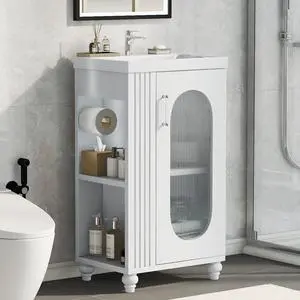 20" Small Bathroom Vanity with Sink, Small Bathroom Cabinet with Toilet Paper Holder & Open Shelf, Solid Wood Bathroom Vanity with Glass Door, Undermount Ceramic Sink, White 20" Small Bathroom Vanity with Sink, Small Bathroom Cabinet with Toilet Paper Holder & Open Shelf, Solid Wood Bathroom Vanity with Glass Door, Undermount Ceramic Sink, White
