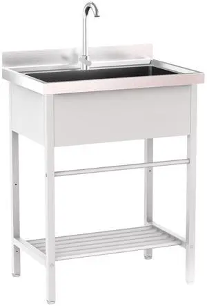 White Stainless Steel Utility Sink, 26.5"D x 17.3"W x 39"H, Freestanding Single Bowl Wash Basin with Storage Shelf, Heavy-Duty Prep & Cleaning Sink for Restaurant, Kitchen, Laundry & Garage Use White Stainless Steel Utility Sink, 26.5"D x 17.3"W x 39"H, Freestanding Single Bowl Wash Basin with Storage Shelf, Heavy-Duty Prep & Cleaning Sink for Restaurant, Kitchen, Laundry & Garage Use