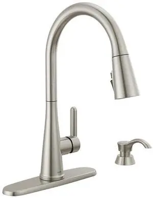 Greydon Single-Handle Pull-Down Sprayer Kitchen Faucet with ShieldSpray and Soap Dispenser in SpotShield Stainless Steel 19826Z-SPSD-DST Greydon Single-Handle Pull-Down Sprayer Kitchen Faucet with ShieldSpray and Soap Dispenser in SpotShield Stainless Steel 19826Z-SPSD-DST