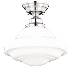 Huntley 12 Inch Schoolhouse Semi Flush Light, Satin Nickel Finish, White Milk Glass, Dimmable Ceiling Mounted Lighting Huntley 12 Inch Schoolhouse Semi Flush Light, Satin Nickel Finish, White Milk Glass, Dimmable Ceiling Mounted Lighting
