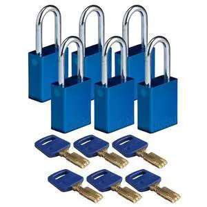 SafeKey Lockout Padlock Aluminum Blu 1.5" Steel Shkl Keyed Different 6 Pk SafeKey Lockout Padlock Aluminum Blu 1.5" Steel Shkl Keyed Different 6 Pk