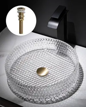 Bathroom Vessel Sink Round Vessel Sink 15.35" x 4.33" Transparent Diamond Shaped Crystal Glass Bathroom Sink Above Counter with Pop-up Drain, Clear Bathroom Vessel Sink Round Vessel Sink 15.35" x 4.33" Transparent Diamond Shaped Crystal Glass Bathroom Sink Above Counter with Pop-up Drain, Clear