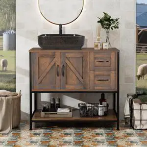 Bathroom Vanity, 36" Rustic Brown Bathroom Vanity with Sink Combo,Faucet,Pop up Drain Set,Farmhouse Modern Cabinet with Black Art Ceramic Vessel Sink Bathroom Vanity, 36" Rustic Brown Bathroom Vanity with Sink Combo,Faucet,Pop up Drain Set,Farmhouse Modern Cabinet with Black Art Ceramic Vessel Sink