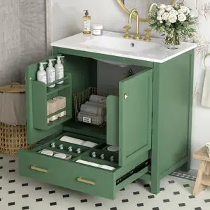 30 Inch Bathroom Vanity with Sink, Black Bathroom Vanity for Small Bathroom, Freestanding Vanity Cabinet with Door Shelves and Drawer Organizer, Ceramic Sink, 4-Inch Faucet Holes (Green) 30 Inch Bathroom Vanity with Sink, Black Bathroom Vanity for Small Bathroom, Freestanding Vanity Cabinet with Door Shelves and Drawer Organizer, Ceramic Sink, 4-Inch Faucet Holes (Green)