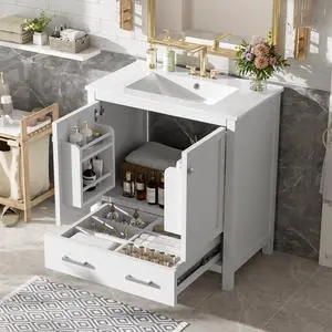 30 Inch Bathroom Vanity with Sink, Black Bathroom Vanity for Small Bathroom, Freestanding Vanity Cabinet with Door Shelves and Drawer Organizer, Ceramic Sink, 4-Inch Faucet Holes (White) 30 Inch Bathroom Vanity with Sink, Black Bathroom Vanity for Small Bathroom, Freestanding Vanity Cabinet with Door Shelves and Drawer Organizer, Ceramic Sink, 4-Inch Faucet Holes (White)