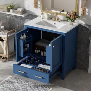 30 Inch Bathroom Vanity with Sink, Black Bathroom Vanity for Small Bathroom, Freestanding Vanity Cabinet with Door Shelves and Drawer Organizer, Ceramic Sink, 4-Inch Faucet Holes (Blue) 30 Inch Bathroom Vanity with Sink, Black Bathroom Vanity for Small Bathroom, Freestanding Vanity Cabinet with Door Shelves and Drawer Organizer, Ceramic Sink, 4-Inch Faucet Holes (Blue)