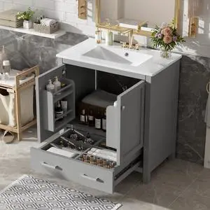 30 Inch Bathroom Vanity with Sink, Black Bathroom Vanity for Small Bathroom, Freestanding Vanity Cabinet with Door Shelves and Drawer Organizer, Ceramic Sink, 4-Inch Faucet Holes (Grey) 30 Inch Bathroom Vanity with Sink, Black Bathroom Vanity for Small Bathroom, Freestanding Vanity Cabinet with Door Shelves and Drawer Organizer, Ceramic Sink, 4-Inch Faucet Holes (Grey)