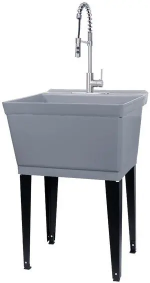 Utility Sink Extra-Deep Laundry Tub in Grey with High-Arc Stainless Steel Coil Pull-Down Sprayer Faucet, Integrated Supply Lines, P-Trap Kit, Heavy Duty Floor Mounted Freestanding Wash Station Utility Sink Extra-Deep Laundry Tub in Grey with High-Arc Stainless Steel Coil Pull-Down Sprayer Faucet, Integrated Supply Lines, P-Trap Kit, Heavy Duty Floor Mounted Freestanding Wash Station