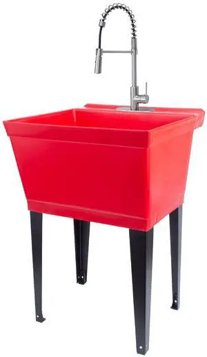 Utility Sink Extra-Deep Red Laundry Tub with High-Arc Stainless Steel Coil Pull-Down Sprayer Faucet, Integrated Supply Lines, P-Trap Kit Utility Sink Extra-Deep Red Laundry Tub with High-Arc Stainless Steel Coil Pull-Down Sprayer Faucet, Integrated Supply Lines, P-Trap Kit