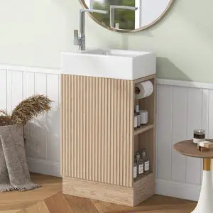 18.6" Small Bathroom Vanity with Sink, Single Narrow Bathroom Vanity with Toilet Paper Holder & Soft-Close Door, Left or Right Storage, Wood Bathroom Cabinet with Ceramic Sink, Natural 18.6" Small Bathroom Vanity with Sink, Single Narrow Bathroom Vanity with Toilet Paper Holder & Soft-Close Door, Left or Right Storage, Wood Bathroom Cabinet with Ceramic Sink, Natural