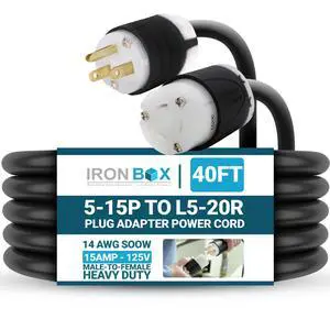 IronBox Electric 5-15P to L5-20R Plug Adapter Power Cord - 15A, 125V, 14 AWG SOOW - UL Listed Power Cord Extension Cable - Heavy Duty Plug & Connector for Generator, Data Centers & More (40ft, Build) IronBox Electric 5-15P to L5-20R Plug Adapter Power Cord - 15A, 125V, 14 AWG SOOW - UL Listed Power Cord Extension Cable - Heavy Duty Plug & Connector for Generator, Data Centers & More (40ft, Build)