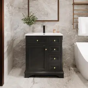 30" Bathroom Vanity with Sink Combo, Vintage Bathroom Vanities Storage Cabinet w/Painted Surface, Raised Arch Feet, Soft Closing Doors, Undermount White Sink Faucet Drain, Black 30" Bathroom Vanity with Sink Combo, Vintage Bathroom Vanities Storage Cabinet w/Painted Surface, Raised Arch Feet, Soft Closing Doors, Undermount White Sink Faucet Drain, Black