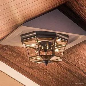 Luxury Colonial Outdoor Ceiling Light, Medium Size: 8" H x 15.25" W, with Tudor Style Elements, Versatile Design, High-End Black Silk Finish and Beveled Glass, UQL1155 Luxury Colonial Outdoor Ceiling Light, Medium Size: 8" H x 15.25" W, with Tudor Style Elements, Versatile Design, High-End Black Silk Finish and Beveled Glass, UQL1155