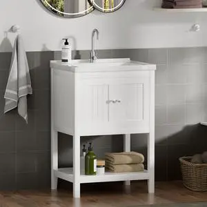 24 Inch Bathroom Vanity with Sink, Bathroom Sink Cabinet with 2 Doors and 1 Open Shelf, Under Sink Cabinet, Bathroom Storage Cabinet Organizer with Sink Combo, White 24 Inch Bathroom Vanity with Sink, Bathroom Sink Cabinet with 2 Doors and 1 Open Shelf, Under Sink Cabinet, Bathroom Storage Cabinet Organizer with Sink Combo, White