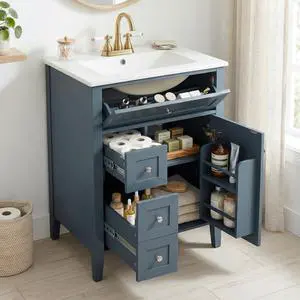 24" Bathroom Vanity with Sink Combo Set, Solid Wood Frame Bathroom Storage Cabinet with 2 Drawers and a Tip-Out Drawer, Adjustable Shelf, Soft Closing Cabinet Door with Organizer, Blue Gray 24" Bathroom Vanity with Sink Combo Set, Solid Wood Frame Bathroom Storage Cabinet with 2 Drawers and a Tip-Out Drawer, Adjustable Shelf, Soft Closing Cabinet Door with Organizer, Blue Gray