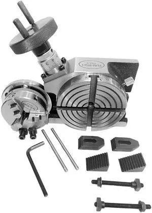 Rotary Table for Milling Machines 4, Horizontal & Vertical, 4-Slot, with 65mm Front Load 3 Jaw Self-Centering Chuck, Back Plates, T-Nuts and M6 Clamp Kit Rotary Table for Milling Machines 4, Horizontal & Vertical, 4-Slot, with 65mm Front Load 3 Jaw Self-Centering Chuck, Back Plates, T-Nuts and M6 Clamp Kit