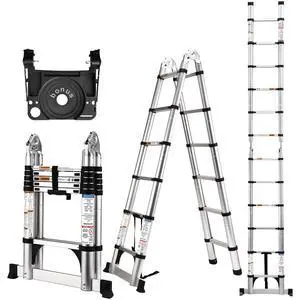 Telescoping Ladder 12.5 Ft, A Frame Compact Aluminum Extension Ladder with Tool Platform and Stabilizer Bar, Portable Telescopic Ladder for Outdoor Camper Trips Motorhome, 330lbs Capacity Telescoping Ladder 12.5 Ft, A Frame Compact Aluminum Extension Ladder with Tool Platform and Stabilizer Bar, Portable Telescopic Ladder for Outdoor Camper Trips Motorhome, 330lbs Capacity