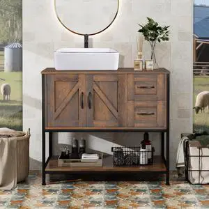 Bathroom Vanity, 36" Bathroom Vanity with Sink Combo Set, Rustic Farmhouse Modern Bathroom Cabinet with White Ceramic Vessel Sink Bathroom Vanity, 36" Bathroom Vanity with Sink Combo Set, Rustic Farmhouse Modern Bathroom Cabinet with White Ceramic Vessel Sink
