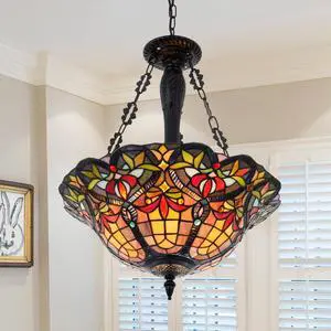 Vintage Pendant Light Fixture, 18'' Rustic Stained Glass Inverted Ceiling Lamp for Dining Room, 3 Lights Semi Flush Mount Pendant Light for Kitchen Living Room Bedroom Entryway Vintage Pendant Light Fixture, 18'' Rustic Stained Glass Inverted Ceiling Lamp for Dining Room, 3 Lights Semi Flush Mount Pendant Light for Kitchen Living Room Bedroom Entryway