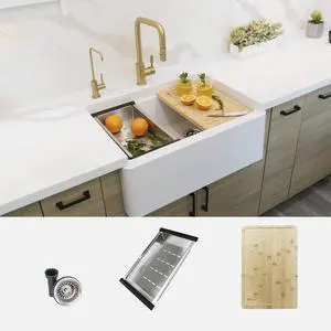30 x 21 Inch Farmhouse Composite Granite Apron Front Workstation Kitchen Sink, Single Bowl Undermount/Flush-Mount, 10 in Deep, with Cutting Board, Colander & Strainer, White, S-830WH 30 x 21 Inch Farmhouse Composite Granite Apron Front Workstation Kitchen Sink, Single Bowl Undermount/Flush-Mount, 10 in Deep, with Cutting Board, Colander & Strainer, White, S-830WH