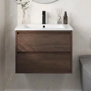 Wall Mounted Bathroom Vanity 24" - Walnut, Two Slide Drawers, Engineered Wood Single Sink Cabinet Wall Mounted Bathroom Vanity 24" - Walnut, Two Slide Drawers, Engineered Wood Single Sink Cabinet