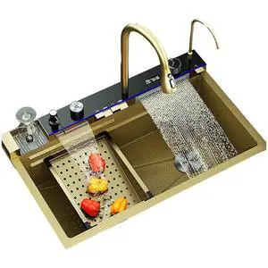 29.5 INCH Digital Display Embossed Stainless Steel Gold Raindance Waterfall Sink with Pressurized Cup Washer and Two Waterfalls 29.5x18 INCH 29.5 INCH Digital Display Embossed Stainless Steel Gold Raindance Waterfall Sink with Pressurized Cup Washer and Two Waterfalls 29.5x18 INCH