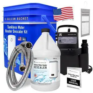 Tankless Water Heater Flushing Kit with Square 5-Gallon Bucket, Steel Hoses, 1/6 HP Pump, and Gallon Eco-Friendly Descaler Tankless Water Heater Flushing Kit with Square 5-Gallon Bucket, Steel Hoses, 1/6 HP Pump, and Gallon Eco-Friendly Descaler