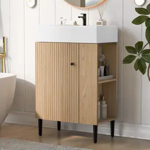21.6" Small Bathroom Vanity with Sink, Narrow Depth Bathroom Vanity with Soft-Close Door & Right Side Shelf, Wooden Freestanding Bathroom Sink Cabinet with Ceramic Sink, Natural 21.6" Small Bathroom Vanity with Sink, Narrow Depth Bathroom Vanity with Soft-Close Door & Right Side Shelf, Wooden Freestanding Bathroom Sink Cabinet with Ceramic Sink, Natural
