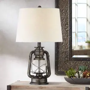 Murphy Industrial Rustic Accent Table Lamp Miner Lantern 23" High Weathered Bronze Metal Clear Glass Oatmeal Fabric Drum Shade Decor for Living Room Bedroom House Bedside Murphy Industrial Rustic Accent Table Lamp Miner Lantern 23" High Weathered Bronze Metal Clear Glass Oatmeal Fabric Drum Shade Decor for Living Room Bedroom House Bedside