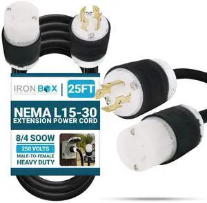 IronBox Electric - NEMA L15-30 Extension Power Cord - Rated for 30A/250V - Heavy Duty 8/4 SOOW Cable - Power Cable for Generators, RVs, PDUs & Data Centers - Ideal for Indoor and Outdoor Use (25 Feet) IronBox Electric - NEMA L15-30 Extension Power Cord - Rated for 30A/250V - Heavy Duty 8/4 SOOW Cable - Power Cable for Generators, RVs, PDUs & Data Centers - Ideal for Indoor and Outdoor Use (25 Feet)