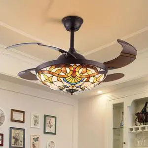 42 Inch Tiffany Style Invisible Ceiling Fan with Lights and Remote Control,Stained Glass Ceiling Fan Vintage Chandelier with Retractable Reverse Blades 6 Speeds 3 Light for Bedroom Living Room 42 Inch Tiffany Style Invisible Ceiling Fan with Lights and Remote Control,Stained Glass Ceiling Fan Vintage Chandelier with Retractable Reverse Blades 6 Speeds 3 Light for Bedroom Living Room