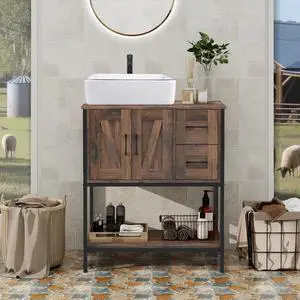 Bathroom Vanity, 30" Rustic Brown Bathroom Vanity with Sink Combo Set, Farmhouse Modern Wood Cabinet with White Ceramic Vessel Sink Bathroom Vanity, 30" Rustic Brown Bathroom Vanity with Sink Combo Set, Farmhouse Modern Wood Cabinet with White Ceramic Vessel Sink