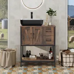 Bathroom Vanity, 30" Rustic Brown Bathroom Vanity with Sink Combo Set, Farmhouse Modern Wood Bathroom Cabinet with Black Ceramic Vessel Sink Bathroom Vanity, 30" Rustic Brown Bathroom Vanity with Sink Combo Set, Farmhouse Modern Wood Bathroom Cabinet with Black Ceramic Vessel Sink
