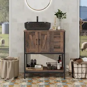 Bathroom Vanity, 30" Rustic Brown Bathroom Vanity with Sink Combo Set, Farmhouse Modern Wood Cabinet with Black Art Ceramic Vessel Sink Bathroom Vanity, 30" Rustic Brown Bathroom Vanity with Sink Combo Set, Farmhouse Modern Wood Cabinet with Black Art Ceramic Vessel Sink