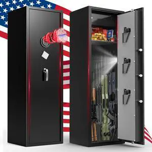 10-12 Gun Safe for Rifles and Pistols, Biometric Rifle Safe with Quick Access Fingerprint & Digital Keypad, Heavy Duty Steel Gun Cabinet with LED Light and No Assembly Required 10-12 Gun Safe for Rifles and Pistols, Biometric Rifle Safe with Quick Access Fingerprint & Digital Keypad, Heavy Duty Steel Gun Cabinet with LED Light and No Assembly Required