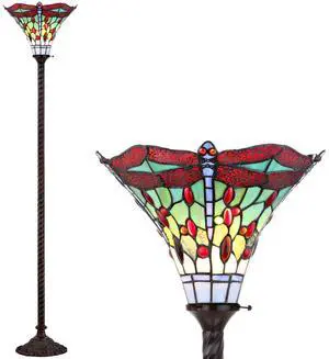 71" Bronze/Red Dragonfly Tiffany-Style LED Floor Lamp, Traditional Standing Light for Living Room, Multi-Color Stained Glass Shade, LED Bulb Included JYL8002A 71" Bronze/Red Dragonfly Tiffany-Style LED Floor Lamp, Traditional Standing Light for Living Room, Multi-Color Stained Glass Shade, LED Bulb Included JYL8002A