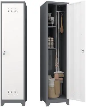 Metal Garage Storage Cabinet,Broom Closet Storage Cabinet,Utility Closet Cabinet for Garage,Office,Gym,Grey-White Metal Garage Storage Cabinet,Broom Closet Storage Cabinet,Utility Closet Cabinet for Garage,Office,Gym,Grey-White
