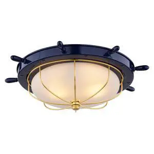 Orleans Nautical 15-in Outdoor Flush Mount Ceiling Light, Navy Blue and Matte Gold Finish, Nautical Style, Ship Wheel, White Frosted Glass, Dimmable E26 Bulb Compatible, Damp Rated Orleans Nautical 15-in Outdoor Flush Mount Ceiling Light, Navy Blue and Matte Gold Finish, Nautical Style, Ship Wheel, White Frosted Glass, Dimmable E26 Bulb Compatible, Damp Rated