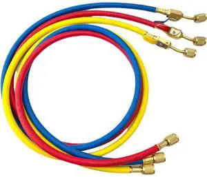 Refrigerant Charging Hose with Ball Valves for R410A R134A R22 Refrigerant Charging Hoses, 1/4'' SAE Hose Set 800 PSI Red/Yellow/Blue (3pcs) Refrigerant Charging Hose with Ball Valves for R410A R134A R22 Refrigerant Charging Hoses, 1/4'' SAE Hose Set 800 PSI Red/Yellow/Blue (3pcs)
