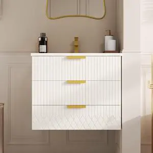 24 Inch Floating Bathroom Vanity Cabinet with Sink, Modern Fluted Wall Mounted Bathroom Vanity with 2 Drawer, Gold Metal Pulls, Single Sink Vanity Top 24 Inch Floating Bathroom Vanity Cabinet with Sink, Modern Fluted Wall Mounted Bathroom Vanity with 2 Drawer, Gold Metal Pulls, Single Sink Vanity Top