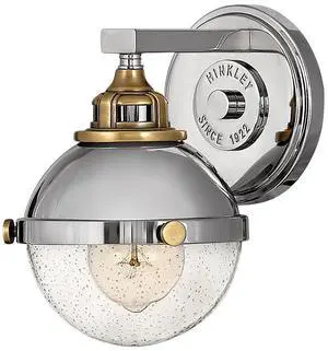 Fletcher Single Light Vanity Wall Sconce, Vintage Industrial Fixture, Clear Seedy Glass, Bath and Beyond, Polished Nickel and Heritage Brass Fletcher Single Light Vanity Wall Sconce, Vintage Industrial Fixture, Clear Seedy Glass, Bath and Beyond, Polished Nickel and Heritage Brass